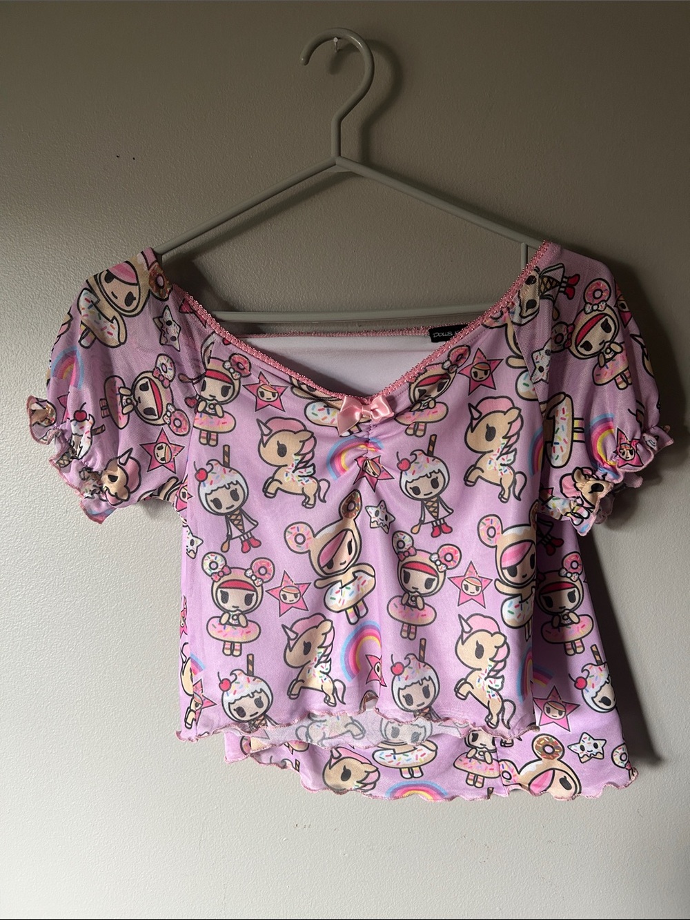Cute Pink Character Print Crop Top & mini skirt set